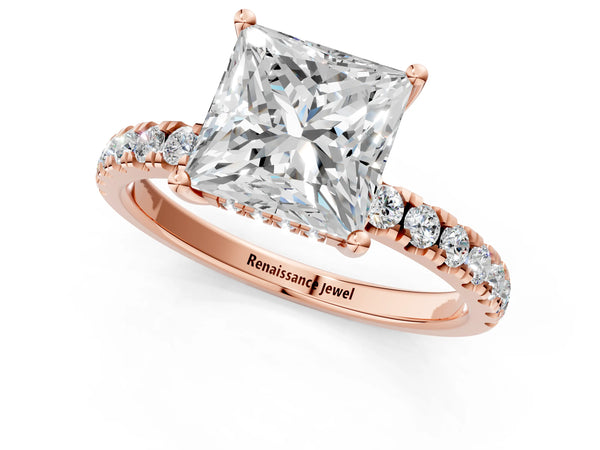 2 Carat Princess Cut Rose gold Diamond Pave Band Solitaire Ring with Round  and Prong Setting