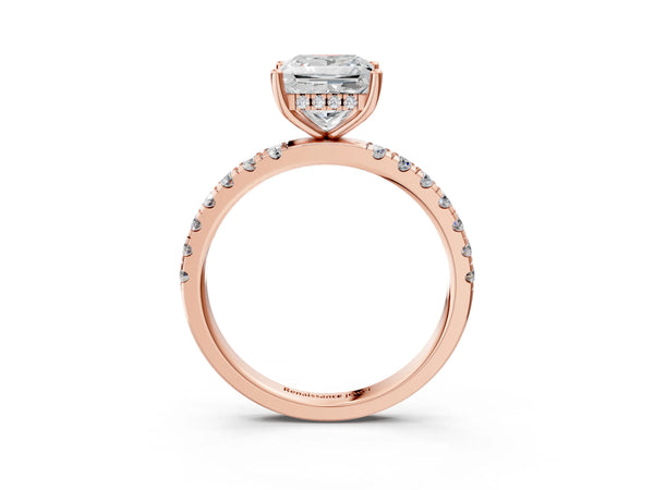 2 Carat Princess Cut Rose gold Diamond Pave Band Solitaire Ring with Round  and Prong Setting