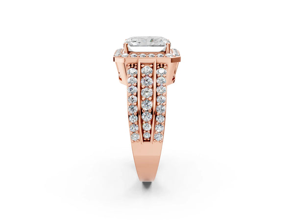 Rose gold 2 Carat Radiant Cut Halo Diamond Ring with Round  Split Shank and Prong Setting