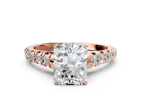 Rose gold 2 Carat Radiant Cut Diamond Cathedral Solitaire Ring with Round  Pavé Band