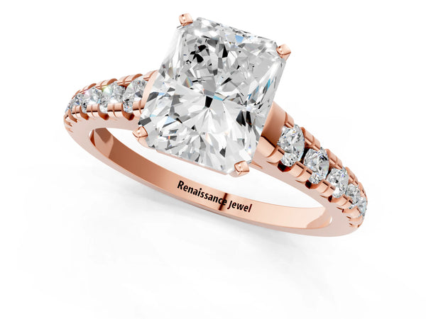 Rose gold 2 Carat Radiant Cut Diamond Cathedral Solitaire Ring with Round  Pavé Band