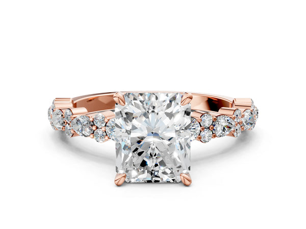 2 Carat Radiant Cut Rose gold Diamond Side Stone Solitaire Ring with Round and Four-Prong Setting