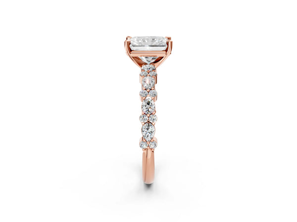 2 Carat Radiant Cut Rose gold Diamond Side Stone Solitaire Ring with Round and Four-Prong Setting