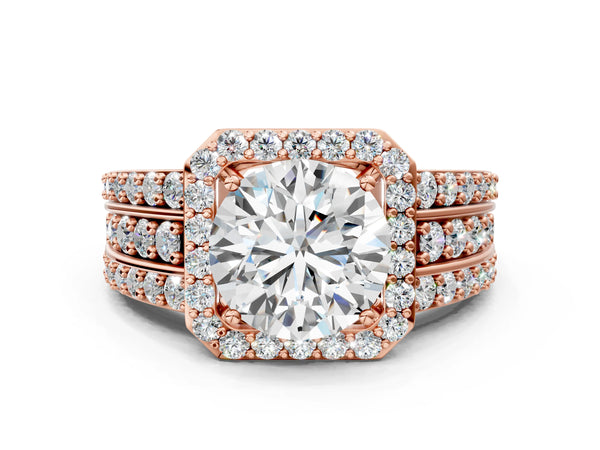 Rose gold 2 Carat Round Cut Halo Diamond Ring with Round  Split Shank and Prong Setting