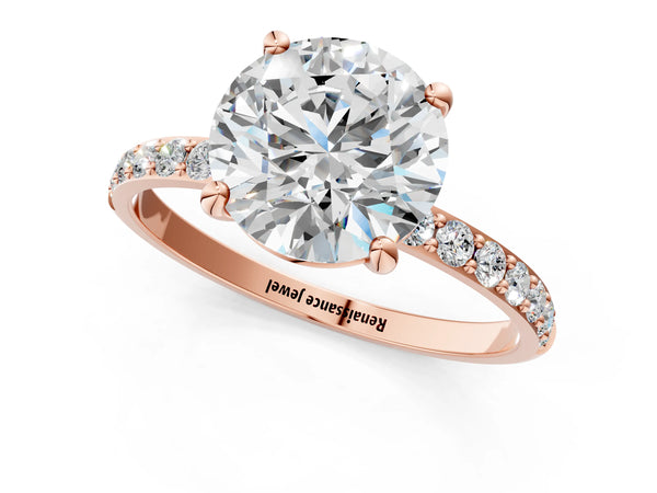 2 Carat Round Cut Rose gold Diamond Solitaire Ring with Round  Pavé Band and Prong Setting