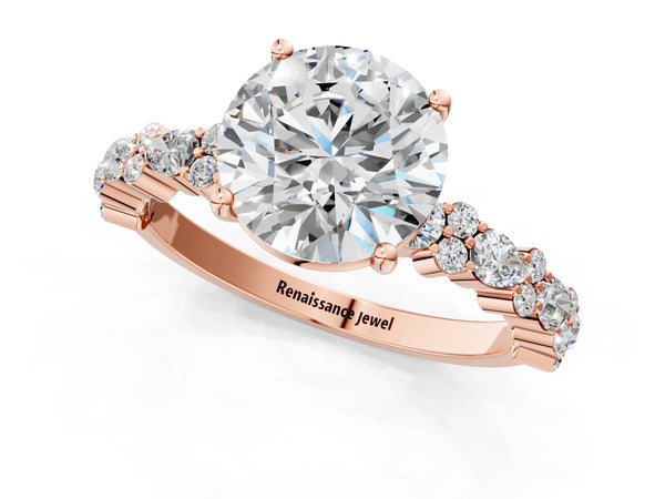 2 Carat Round Cut Rose gold Diamond Side Stone Solitaire Ring with Round and Four-Prong Setting