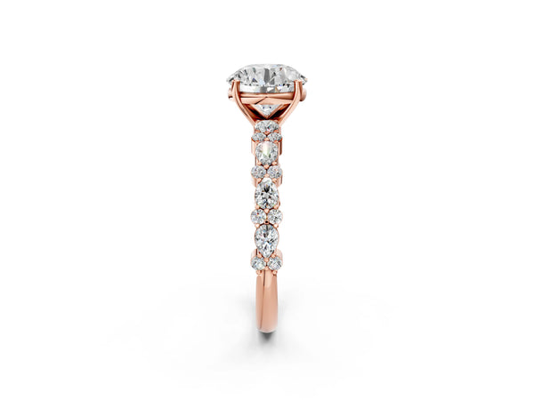 2 Carat Round Cut Rose gold Diamond Side Stone Solitaire Ring with Round and Four-Prong Setting