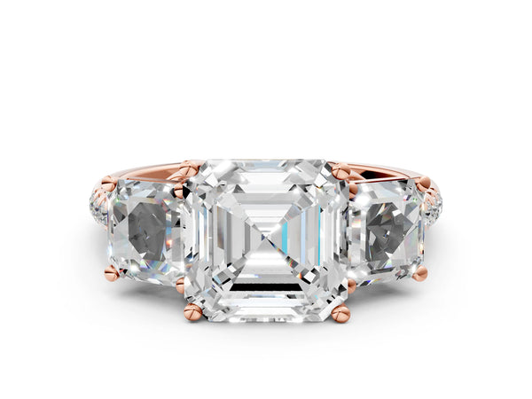 Rose gold 2 Carat Three-Stone Asscher Cut Diamond Ring with Round  Pavé Band and Prong Setting