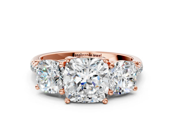 Rose gold 2 Carat Three-Stone Cushion Cut Diamond Ring with Round  Pavé Band and Prong Setting