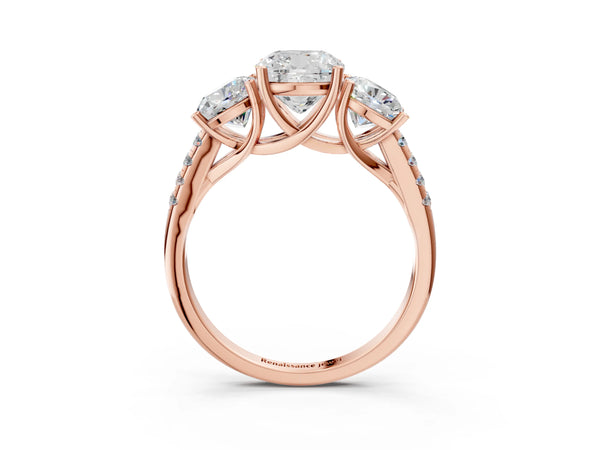 Rose gold 2 Carat Three-Stone Cushion Cut Diamond Ring with Round  Pavé Band and Prong Setting