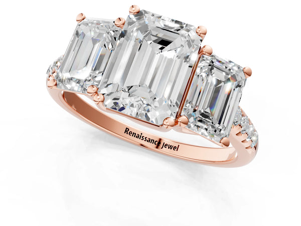 Rose gold 2 Carat Three-Stone Emerald Cut Diamond Ring with Round  Pavé Band and Prong Setting