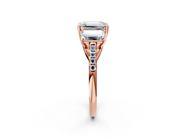 Rose gold 2 Carat Three-Stone Emerald Cut Diamond Ring with Round  Pavé Band and Prong Setting