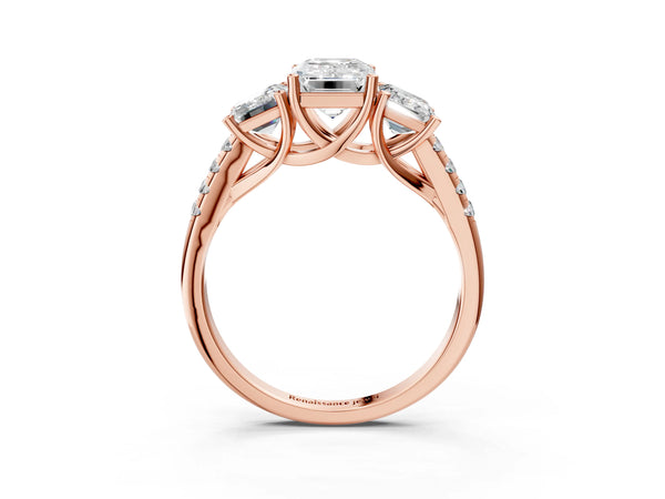 Rose gold 2 Carat Three-Stone Emerald Cut Diamond Ring with Round  Pavé Band and Prong Setting