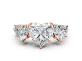 Rose gold 2 Carat Three-Stone Heart Cut  Ring with Pavé Band and Prong Setting