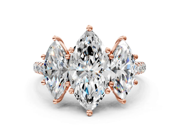 Rose gold 2 Carat Three-Stone Marquise Cut Diamond Ring with Round  Pavé Band and Prong Setting