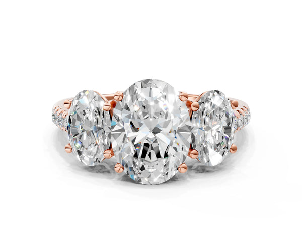 Rose gold 2 Carat Three-Stone Oval Cut Diamond Ring with Round  Pavé Band and Prong Setting