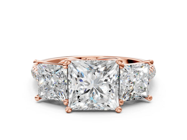 Rose gold 2 Carat Three-Stone Princess Cut Diamond Ring with Round  Pavé Band and Prong Setting