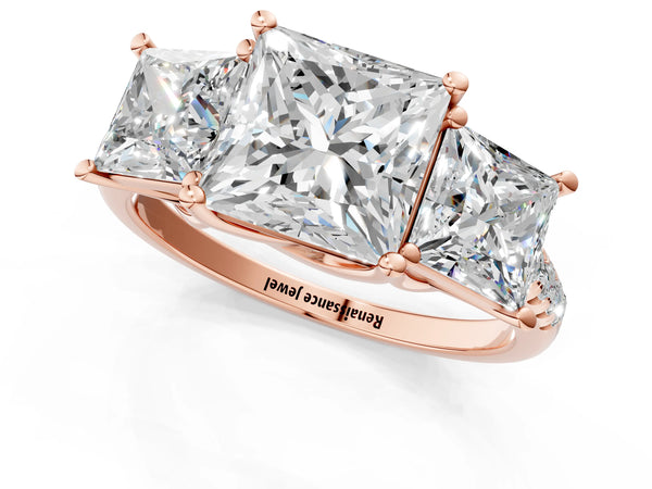 Rose gold 2 Carat Three-Stone Princess Cut Diamond Ring with Round  Pavé Band and Prong Setting