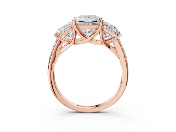 Rose gold 2 Carat Three-Stone Princess Cut Diamond Ring with Round  Pavé Band and Prong Setting