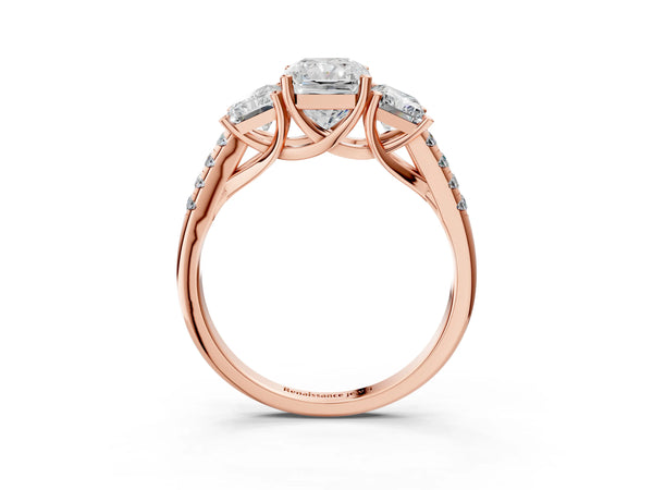 Rose gold 2 Carat Three-Stone Radiant Cut Diamond Ring with Round  Pavé Band and Prong Setting