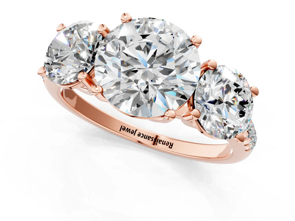 Rose gold 2 Carat Three-Stone Round Cut Diamond Ring with Round  Pavé Band and Prong Setting