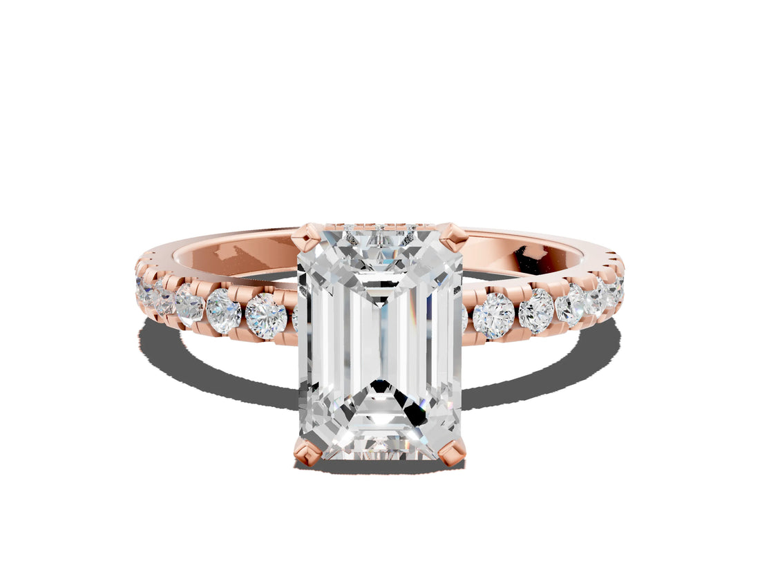 Rose gold 2.5 Carat Emerald Cut Diamond Solitaire Ring with Round  Pavé Band and Four-Prong Setting_18