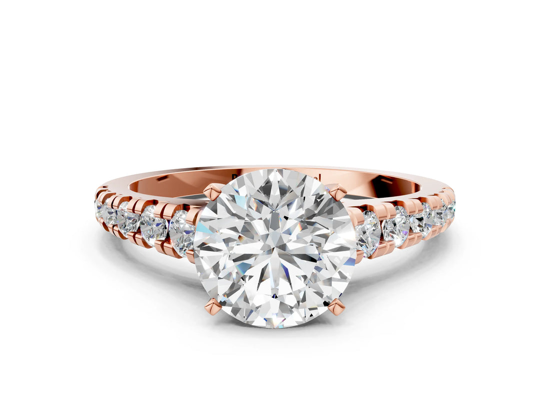 Rose gold 2.5 Carat Round Cut  Solitaire Ring with Cathedral Setting and Pavé Band