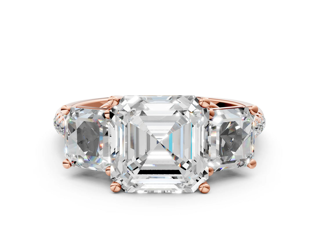Rose gold 2.5 Carat Three-Stone Asscher Cut Diamond Ring with Round  Pavé Band and Prong Setting_12