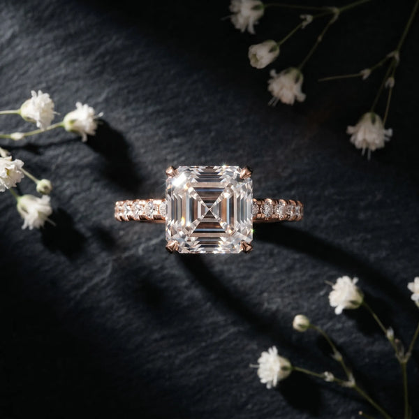 3 Carat Asscher Cut Rose gold Diamond Solitaire Ring with Round Pavé Band and Four-Prong Setting