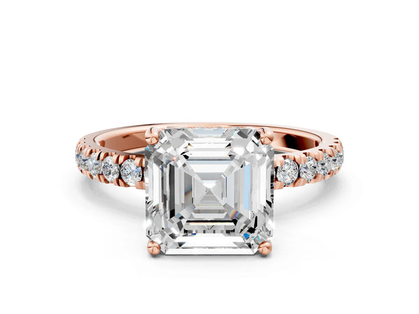 3 Carat Asscher Cut Rose gold Diamond Pave Band Solitaire Ring with Round  and Prong Setting