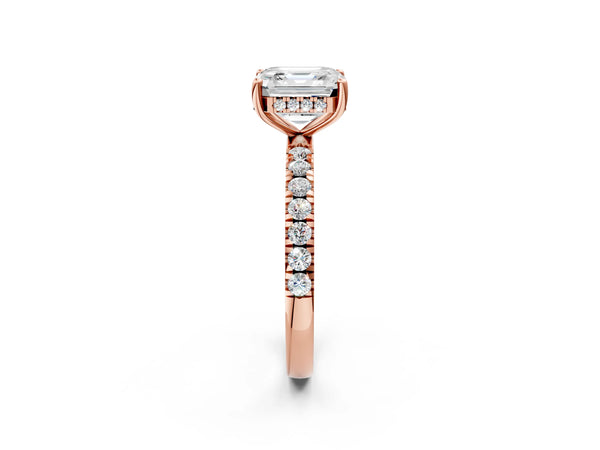 3 Carat Asscher Cut Rose gold Diamond Pave Band Solitaire Ring with Round  and Prong Setting