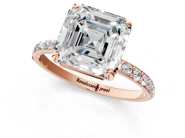 3 Carat Asscher Cut Rose gold Diamond Solitaire Ring with Round  Pavé Band and Prong Setting