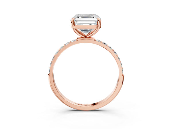 3 Carat Asscher Cut Rose gold Diamond Solitaire Ring with Round  Pavé Band and Prong Setting