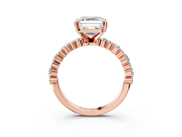 3 Carat Asscher Cut Rose gold Diamond Side Stone Solitaire Ring with Round and Four-Prong Setting