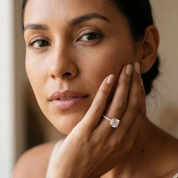 3 Carat Cushion Cut Rose gold Diamond Solitaire Ring with Round Pavé Band and Four-Prong Setting