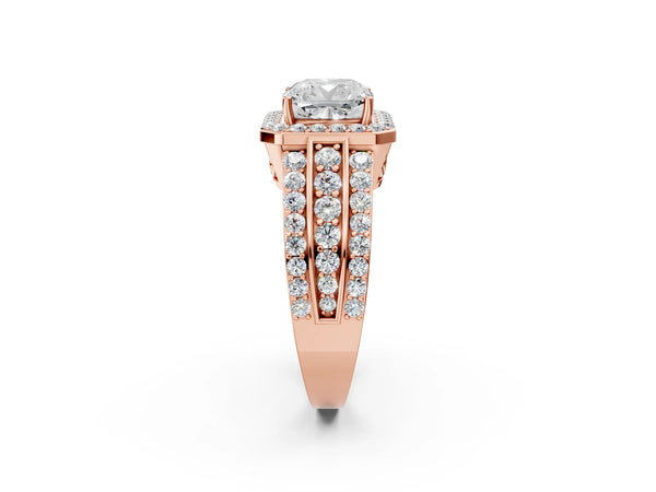 3 Carat Cushion Cut Rose gold Halo Diamond Ring with Round  Split Shank and Prong Setting