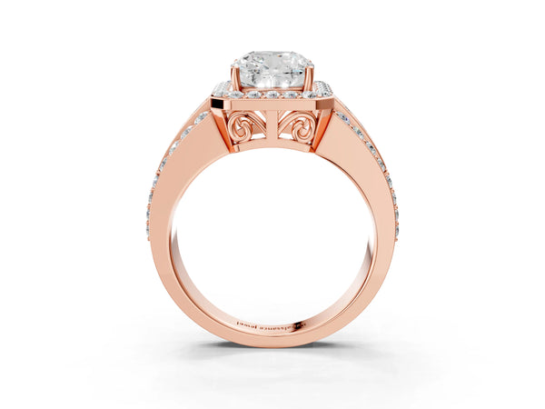 3 Carat Cushion Cut Rose gold Halo Diamond Ring with Round  Split Shank and Prong Setting