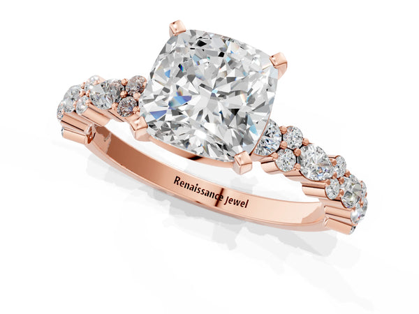3 Carat Cushion Cut Rose gold Diamond Side Stone Solitaire Ring with Round and Four-Prong Setting