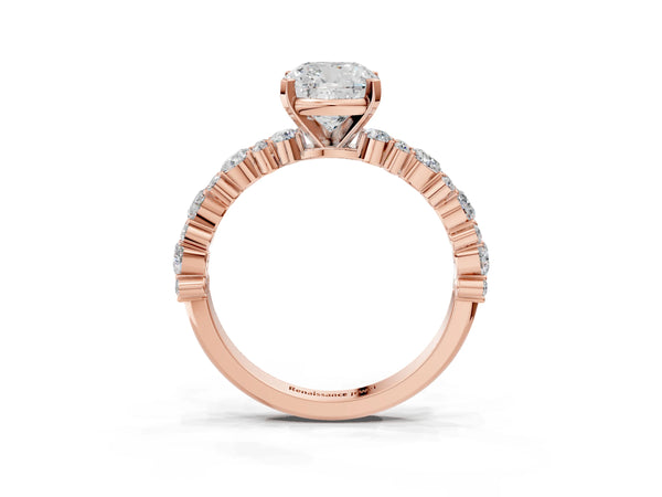 3 Carat Cushion Cut Rose gold Diamond Side Stone Solitaire Ring with Round and Four-Prong Setting