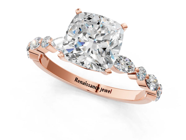3 Carat Cushion Cut Rose gold Diamond Ring with Marquise and Round Side Stones and Four-Prong Setting
