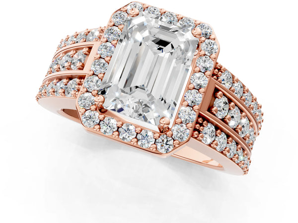 3 Carat Emerald Cut Rose gold Halo Diamond Ring with Round  Split Shank and Prong Setting