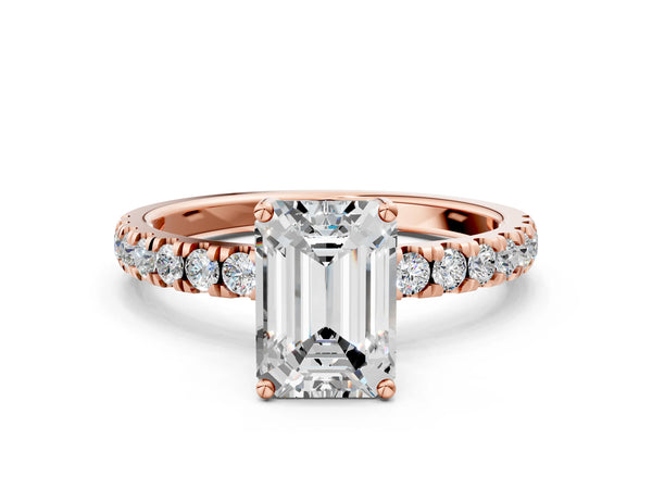 3 Carat Emerald Cut Rose gold Diamond Pave Band Solitaire Ring with Round  and Prong Setting