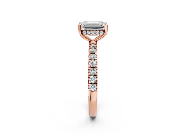 3 Carat Emerald Cut Rose gold Diamond Pave Band Solitaire Ring with Round  and Prong Setting
