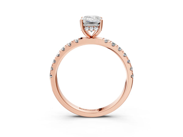 3 Carat Emerald Cut Rose gold Diamond Pave Band Solitaire Ring with Round  and Prong Setting