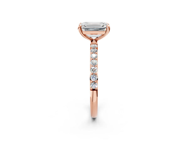 3 Carat Emerald Cut Rose gold Diamond Solitaire Ring with Round  Pavé Band and Prong Setting
