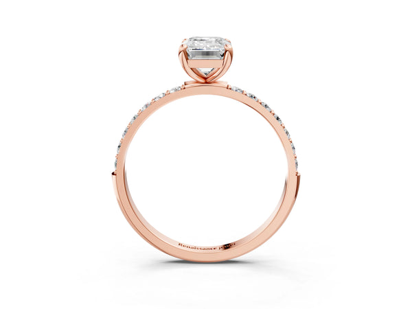 3 Carat Emerald Cut Rose gold Diamond Solitaire Ring with Round  Pavé Band and Prong Setting