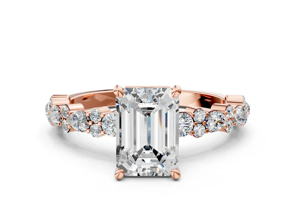 3 Carat Emerald Cut Rose gold Diamond Side Stone Solitaire Ring with Round and Four-Prong Setting