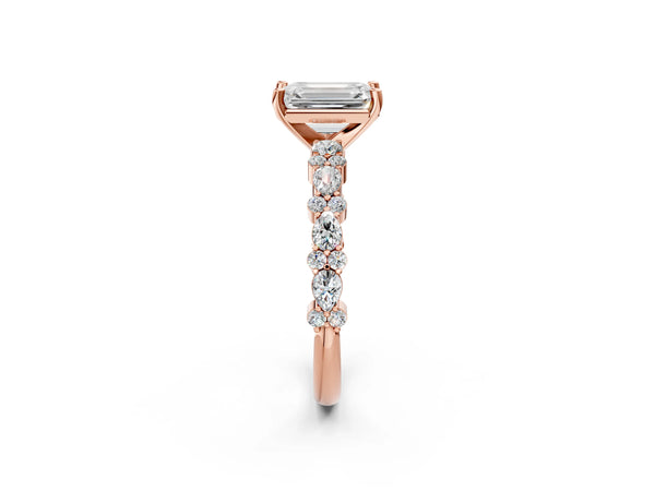 3 Carat Emerald Cut Rose gold Diamond Side Stone Solitaire Ring with Round and Four-Prong Setting