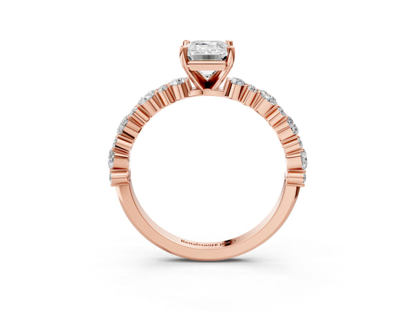 3 Carat Emerald Cut Rose gold Diamond Side Stone Solitaire Ring with Round and Four-Prong Setting