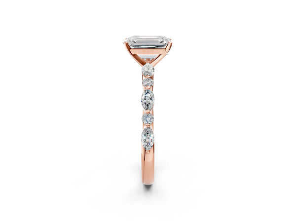 3 Carat Emerald Cut Rose gold Diamond Ring with Marquise and Round Side Stones and Four-Prong Setting